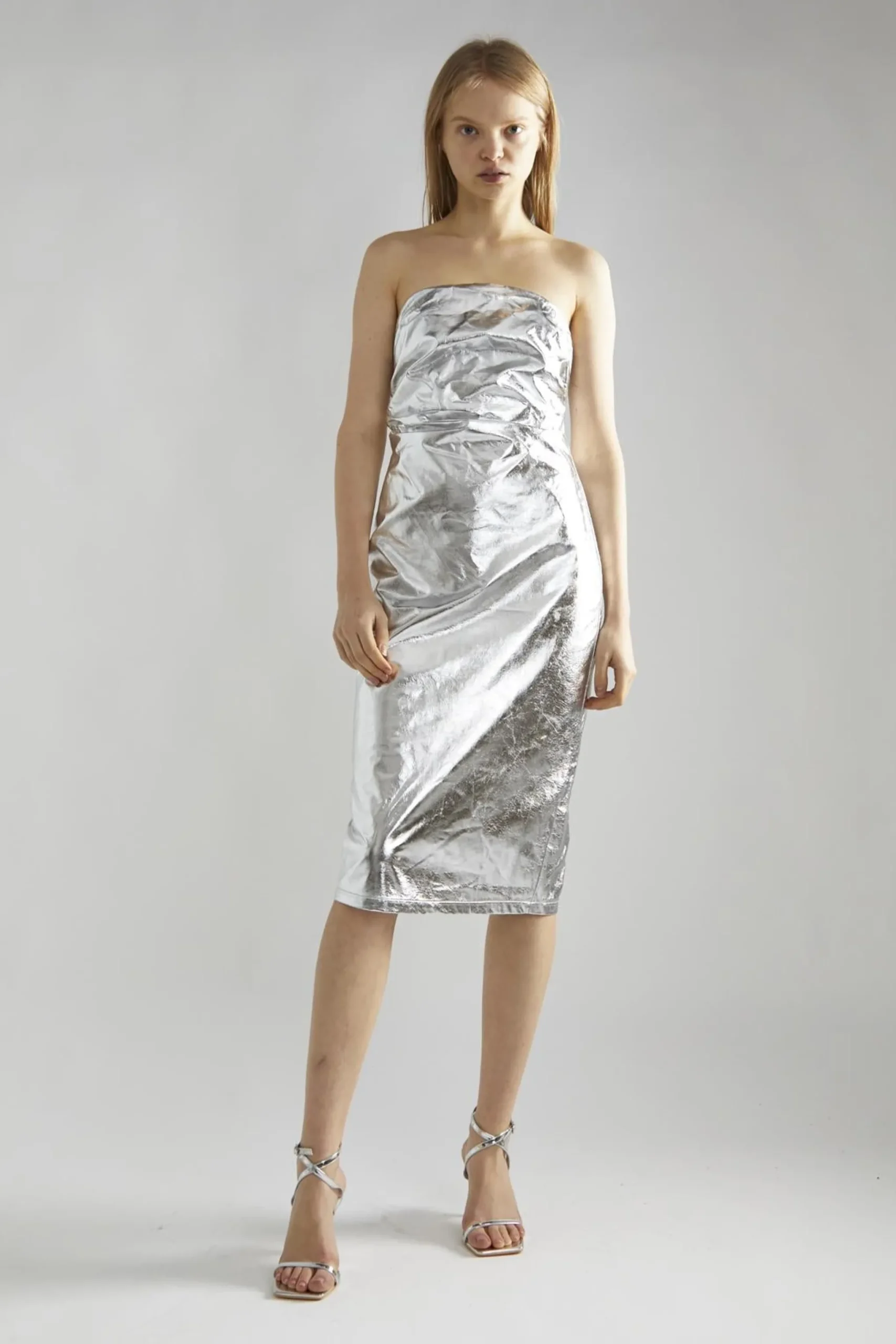 Glamorous Party Dresses|Going Out Dresses|Silver-PU Strapless Midaxi-Dress -