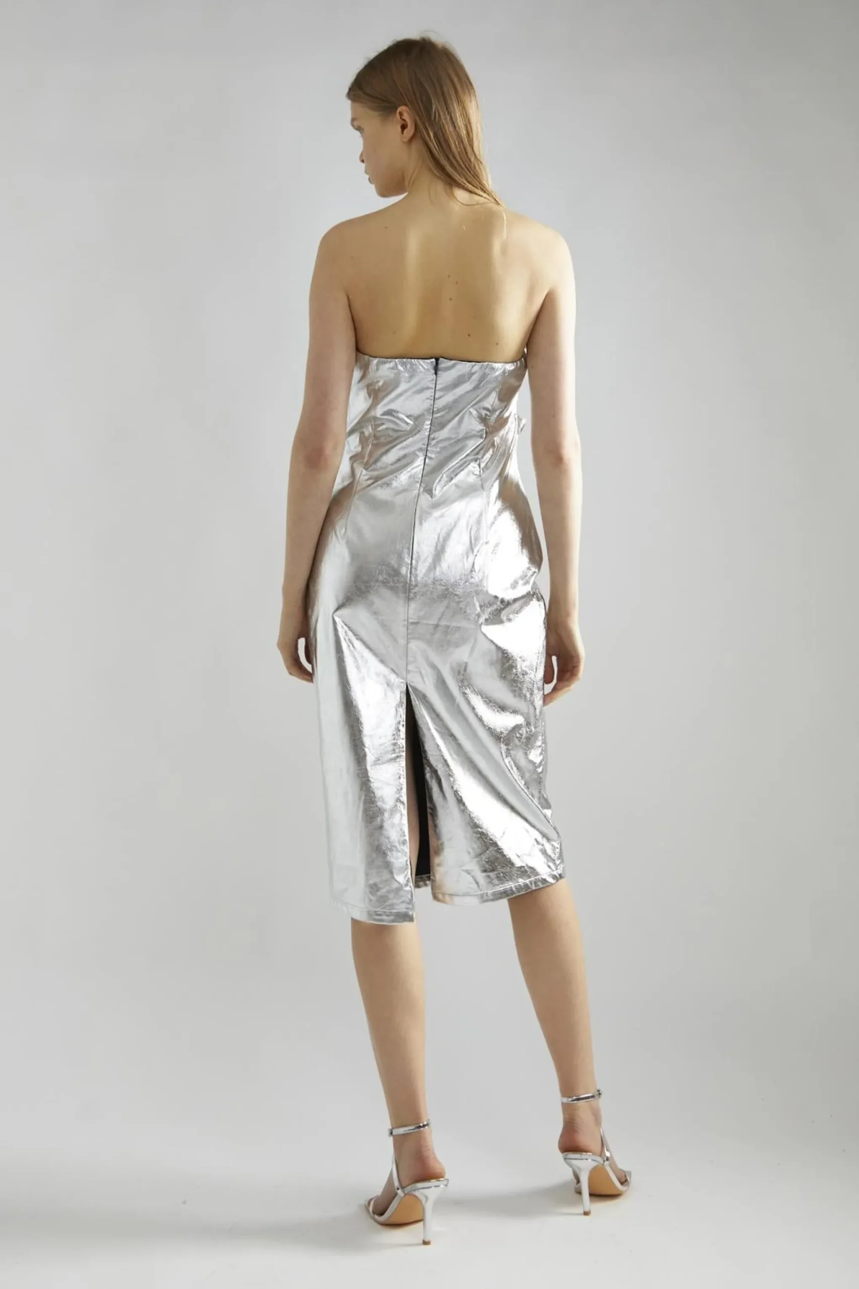 Glamorous Party Dresses|Going Out Dresses|Silver-PU Strapless Midaxi-Dress -