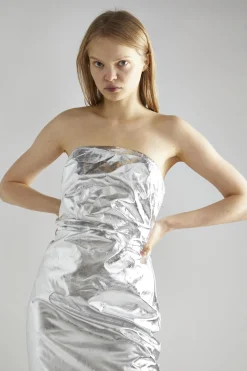 Glamorous Party Dresses|Going Out Dresses|Silver-PU Strapless Midaxi-Dress -