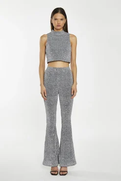 Glamorous Go To Partywear|Co-ords|Silver-Sequin Plisse Flared-Trousers -