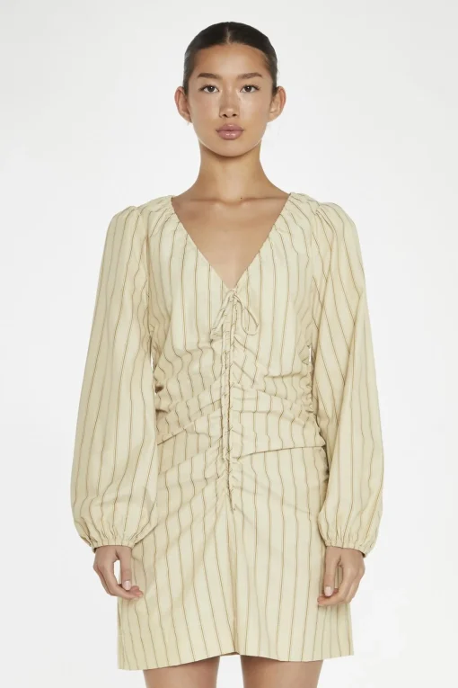 Glamorous Day Dresses|Mini Dresses|Straw-Gold Stripe Gathered Front Mini-Dress -