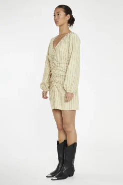 Glamorous Day Dresses|Mini Dresses|Straw-Gold Stripe Gathered Front Mini-Dress -