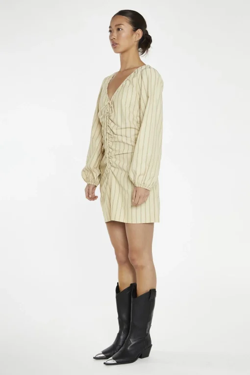 Glamorous Day Dresses|Mini Dresses|Straw-Gold Stripe Gathered Front Mini-Dress -