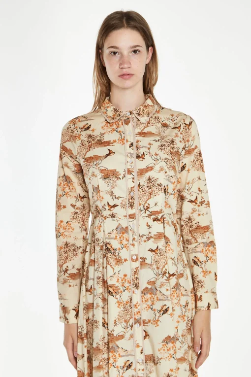 Glamorous Best Dressed Guest|Maxi Dresses|Tan Multi Blossom Long-Sleeve Maxi Shirt-Dress -