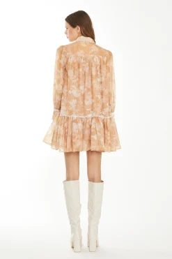 Glamorous Chic Escapes|Day Dresses|Tan White Floral Mini Shirt-Dress -