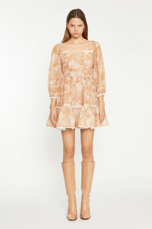 Glamorous Chic Escapes|Day Dresses|Tan White Floral Tiered Mini-Dress -