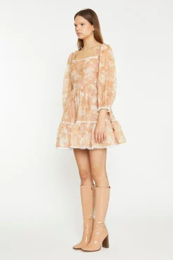 Glamorous Chic Escapes|Day Dresses|Tan White Floral Tiered Mini-Dress -