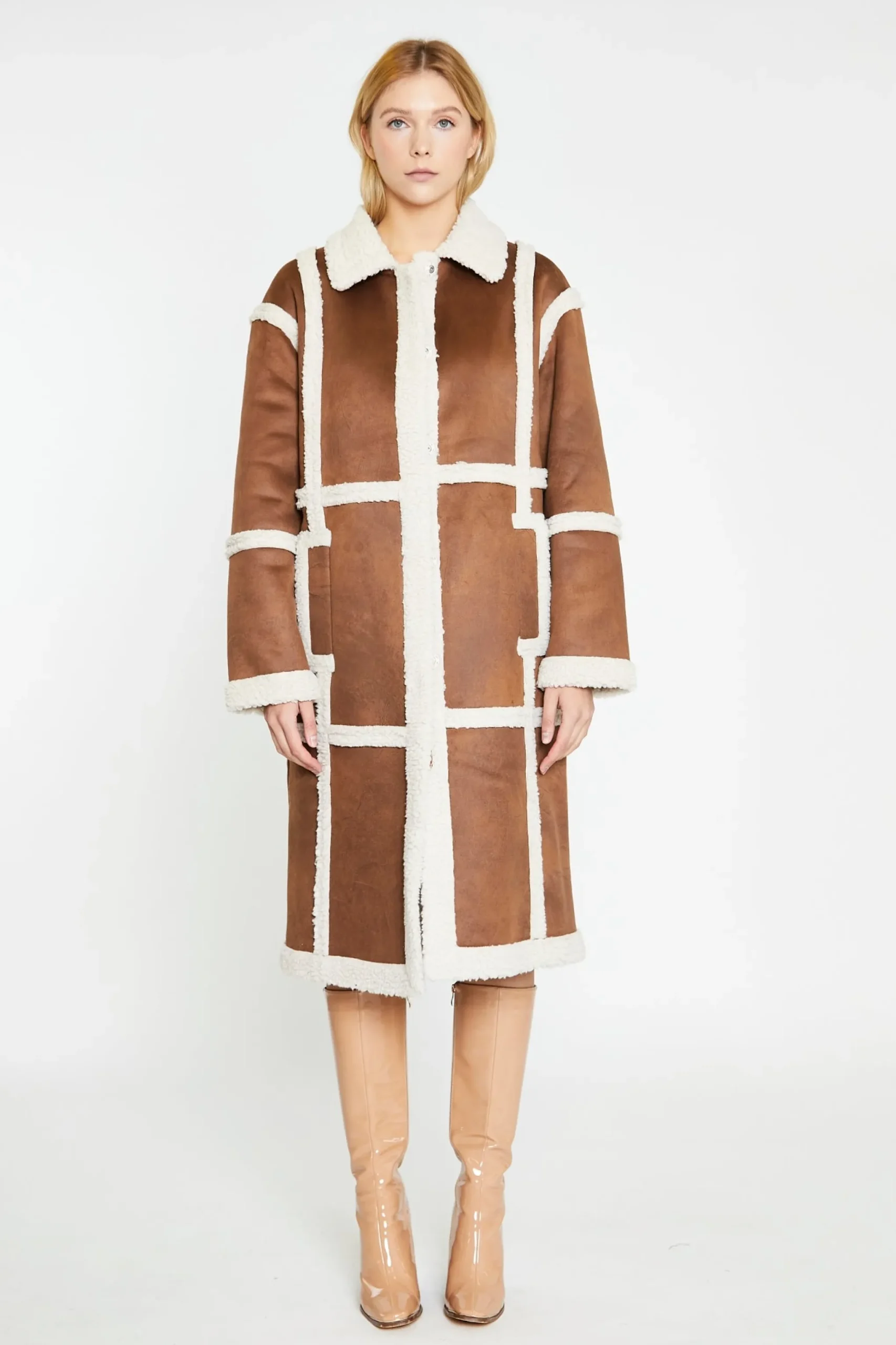 Glamorous Workwear|Faux Fur & Leather|Tan-Cream Shearling Midi-Coat -