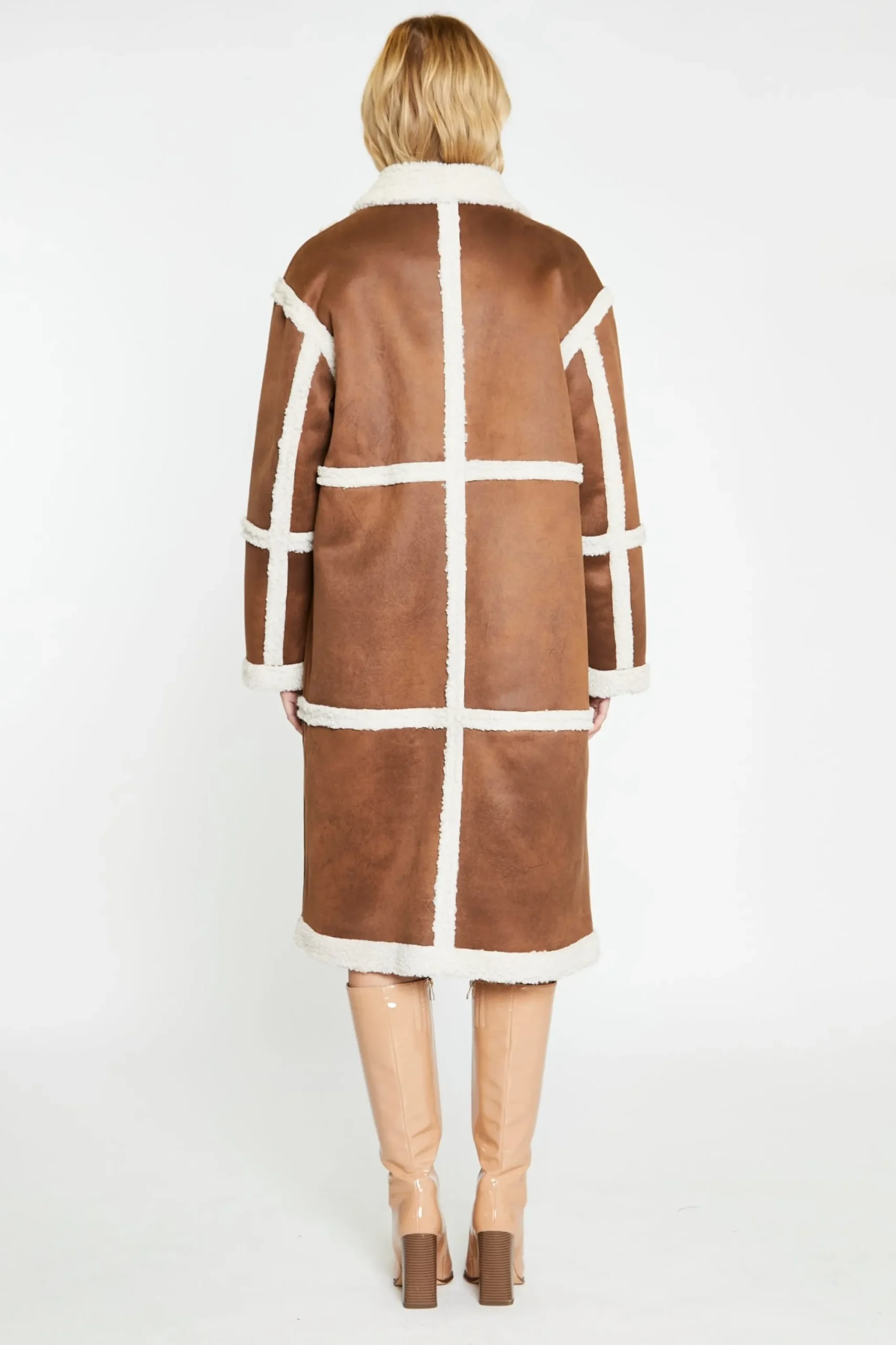 Glamorous Workwear|Faux Fur & Leather|Tan-Cream Shearling Midi-Coat -