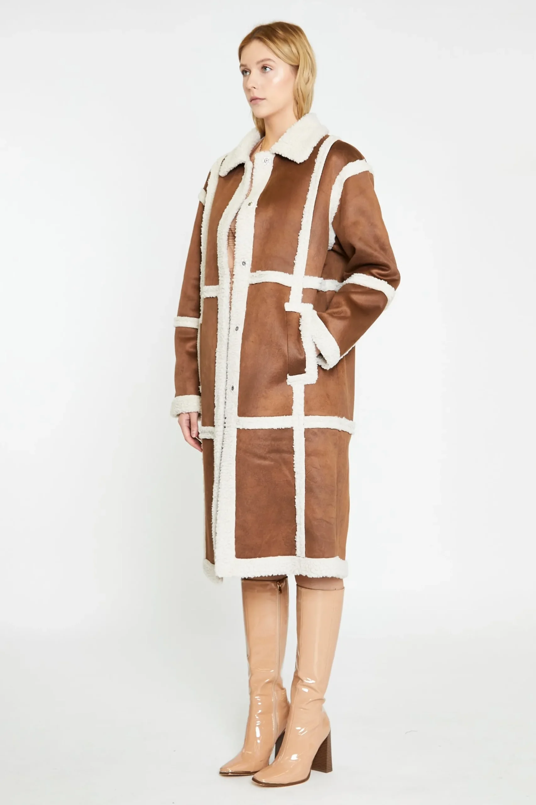 Glamorous Workwear|Faux Fur & Leather|Tan-Cream Shearling Midi-Coat -