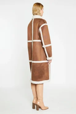 Glamorous Workwear|Faux Fur & Leather|Tan-Cream Shearling Midi-Coat -