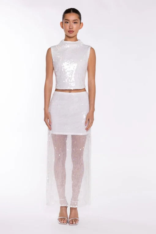 Glamorous Going Out Tops|Go To Partywear|Transparent-Sequin Boat-Neck Crop-Top -
