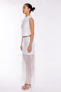 Glamorous Going Out Skirts|Go To Partywear|Transparent-Sequin Side-Split Midaxi-Skirt -