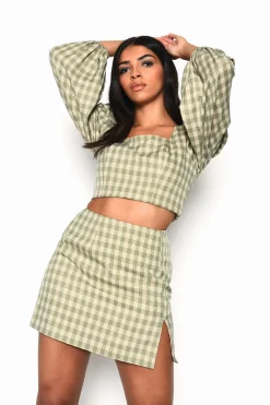 Glamorous Mini Skirts|Turquoise Multi Check Side Split Mini Skirt -