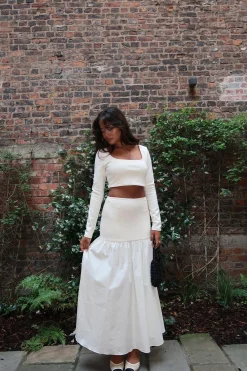 Glamorous Co-ords|Bottoms|Vanilla Half-Pleated-High-Waist Maxi-Skirt -