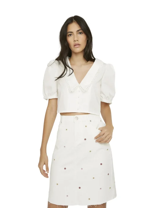 Glamorous Blouses & Shirts|White Crochet Collar Cropped Blouse -