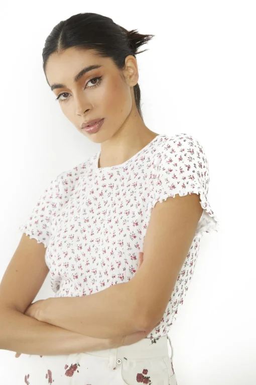 Glamorous Crops, Corsets & Bodysuits|White Ditsy Pointelle Floral Lettuce-Hem Short-Sleeve-Top -