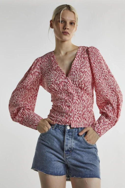 Glamorous Blouses & Shirts|White Red Print Long Sleeve-Top -