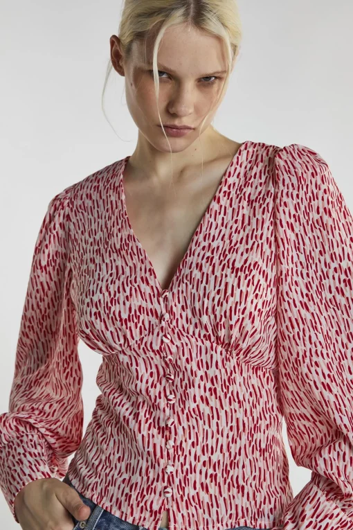 Glamorous Blouses & Shirts|White Red Print Long Sleeve-Top -