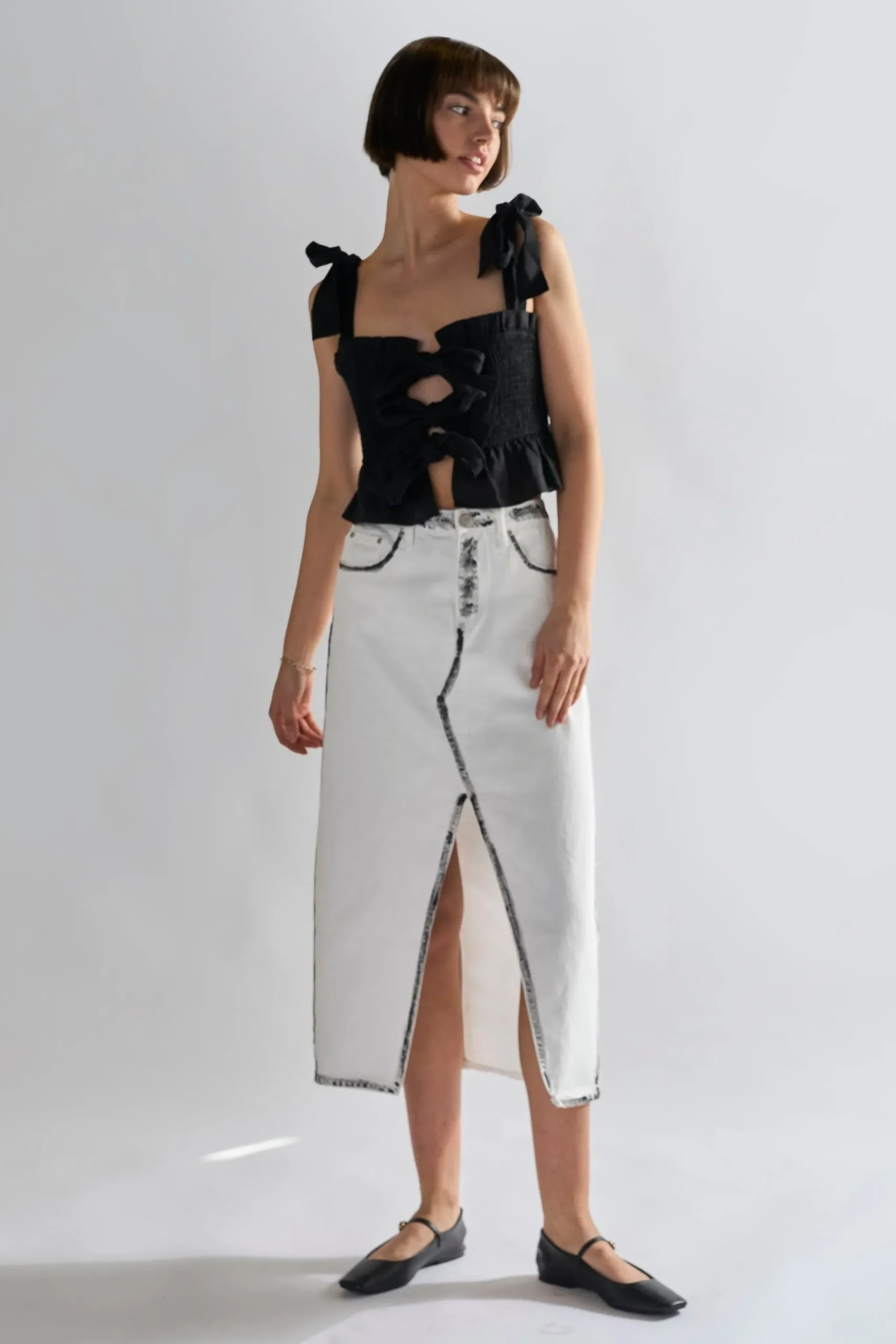 Glamorous Denim Skirts|Midi & Midaxi Skirts|White-Black Edges Denim Straight Midi-Skirt -