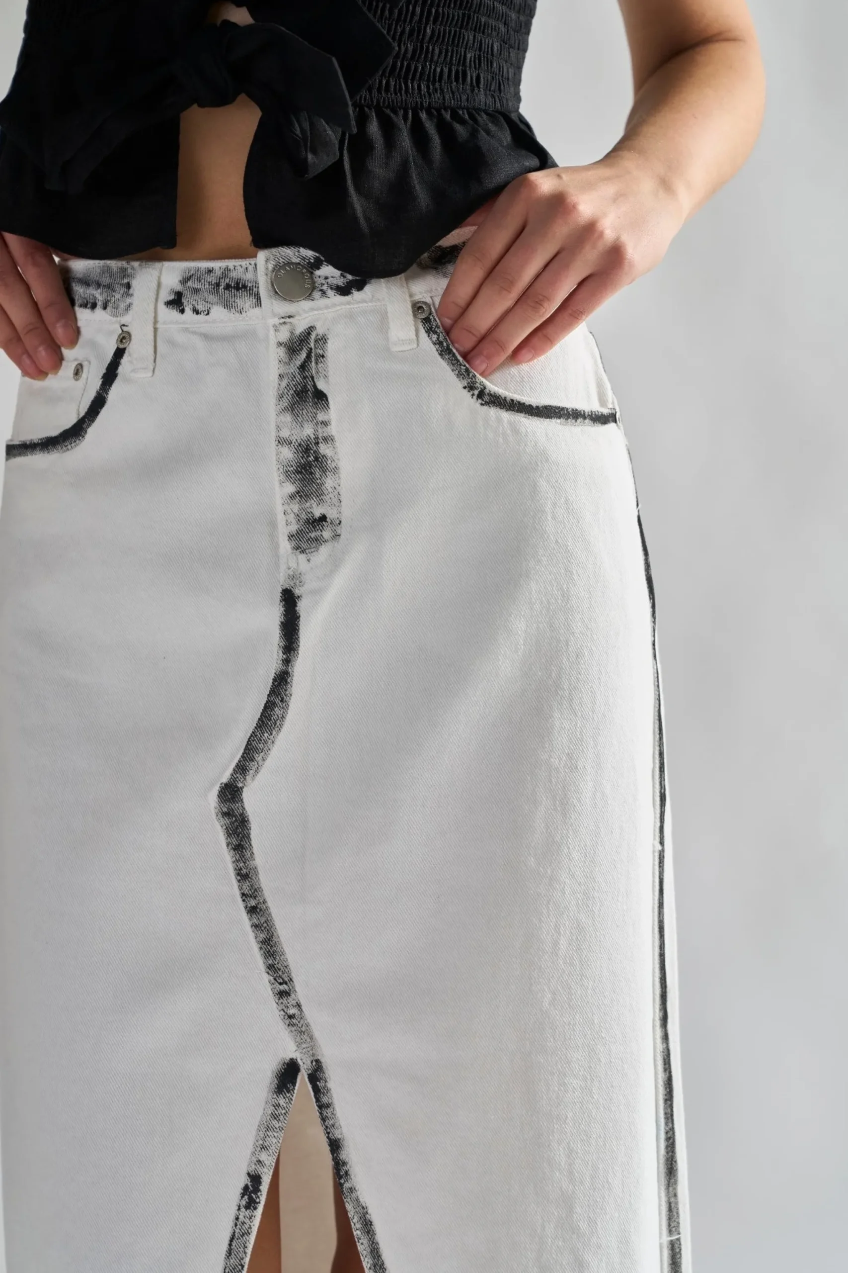 Glamorous Denim Skirts|Midi & Midaxi Skirts|White-Black Edges Denim Straight Midi-Skirt -