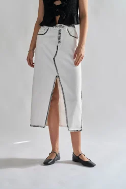 Glamorous Denim Skirts|Midi & Midaxi Skirts|White-Black Edges Denim Straight Midi-Skirt -
