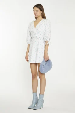 Glamorous Day Dresses|Mini Dresses|White-Blue-Pink Ditsy Wrap Tie Mini-Dress -