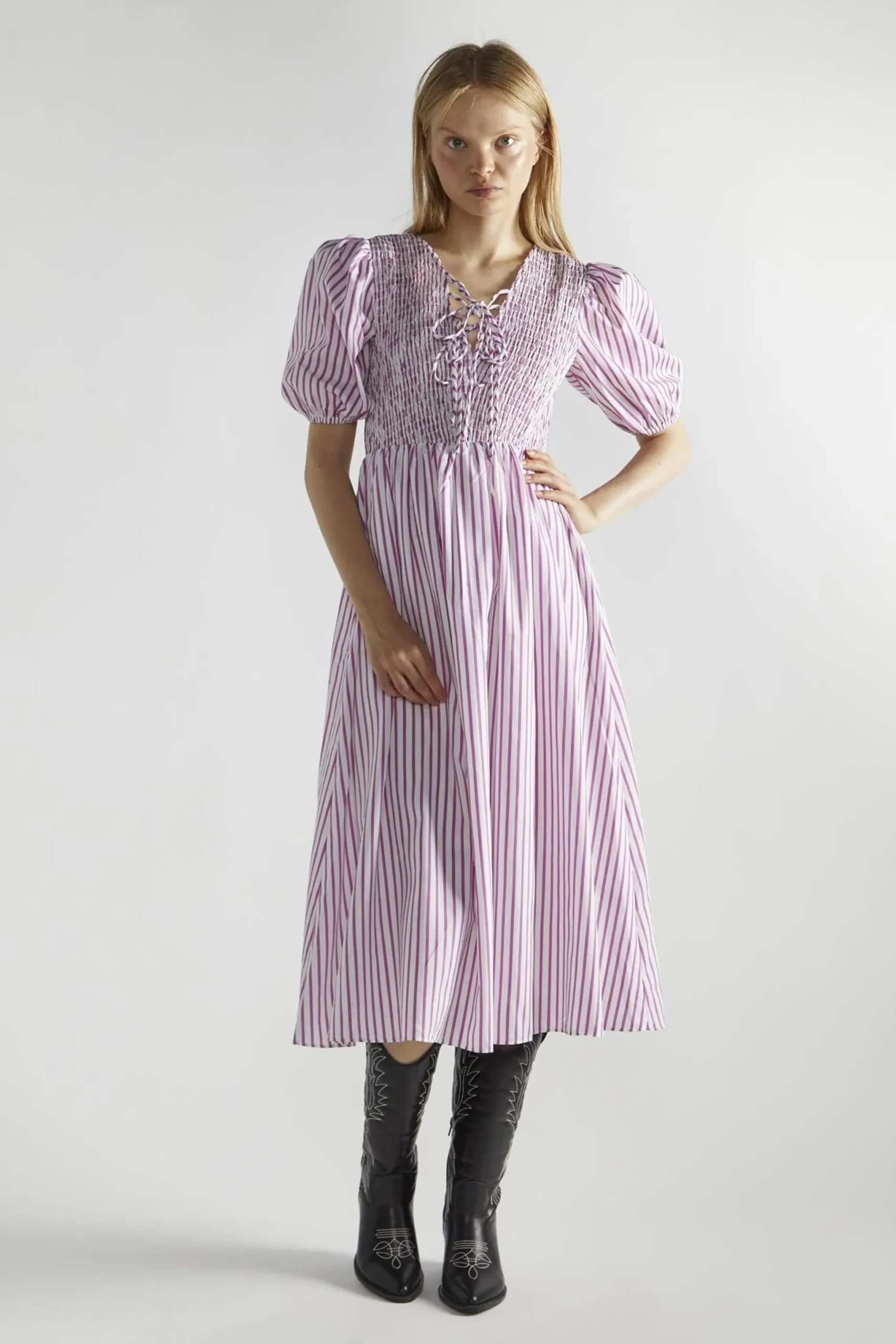 Glamorous Midi & Midaxi Dresses|Midi & Midaxi Dresses|White-Purple-Stripe Tie-Front Midi-Dresses -