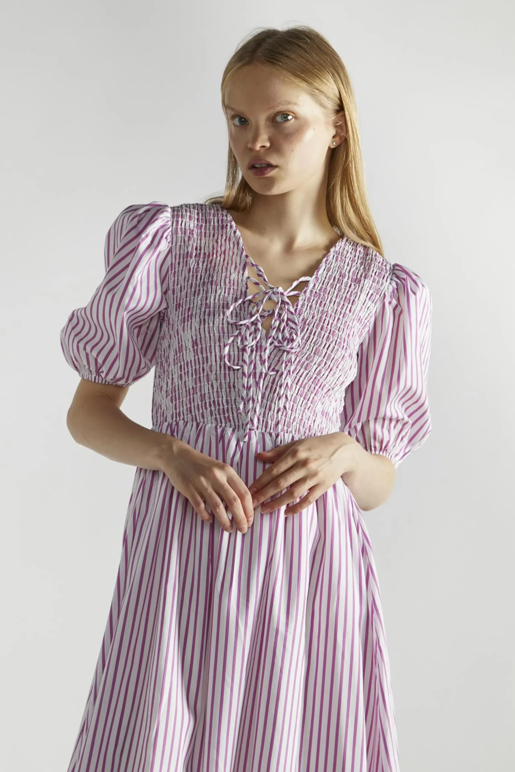 Glamorous Midi & Midaxi Dresses|Midi & Midaxi Dresses|White-Purple-Stripe Tie-Front Midi-Dresses -