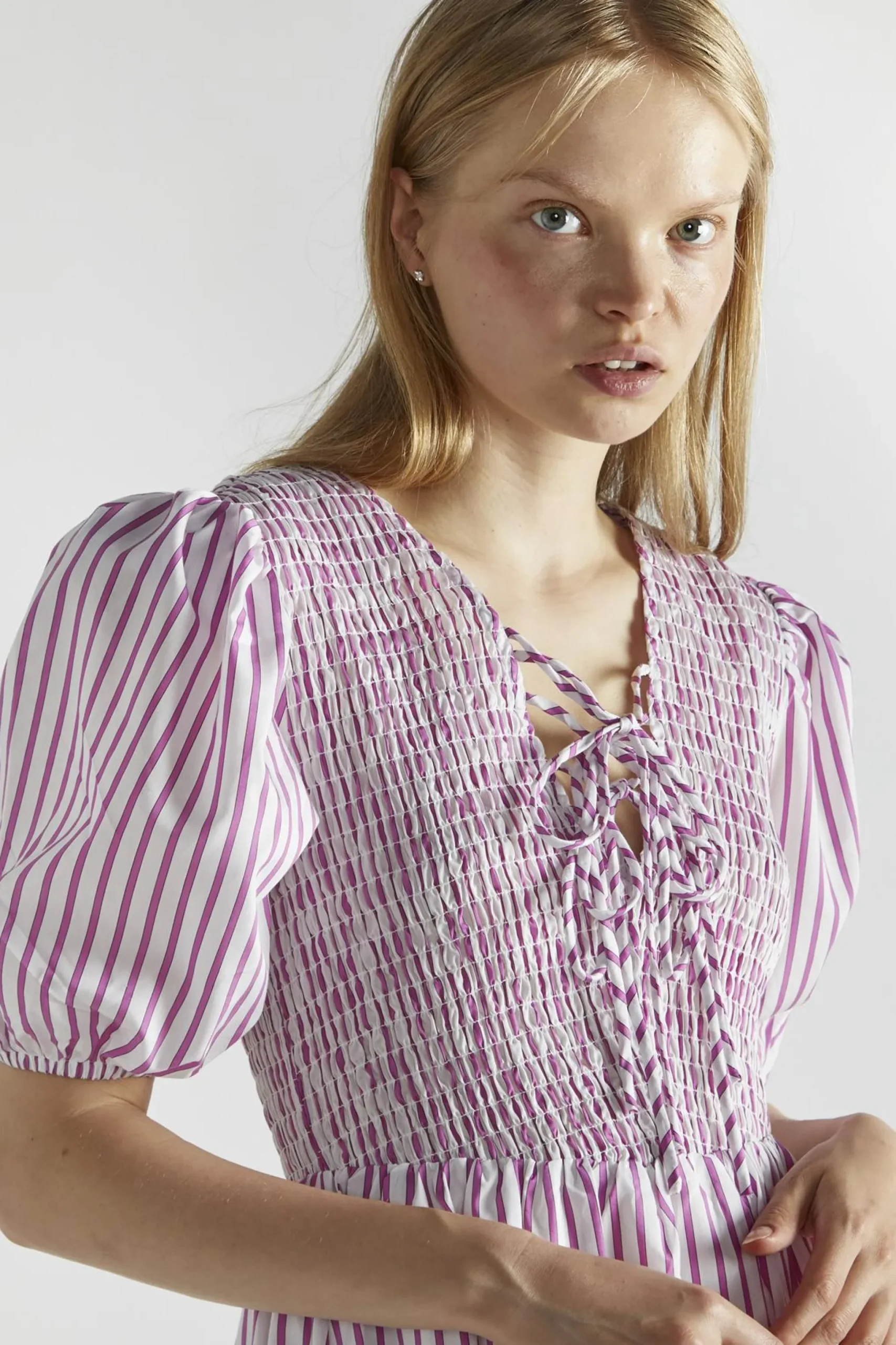 Glamorous Midi & Midaxi Dresses|Midi & Midaxi Dresses|White-Purple-Stripe Tie-Front Midi-Dresses -