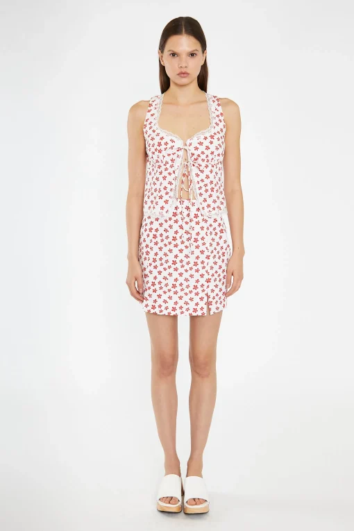 Glamorous Tops & T-shirts|White-Red Daisy Lace Trim Tie-Front-Top -