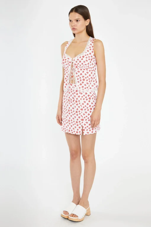 Glamorous Tops & T-shirts|White-Red Daisy Lace Trim Tie-Front-Top -