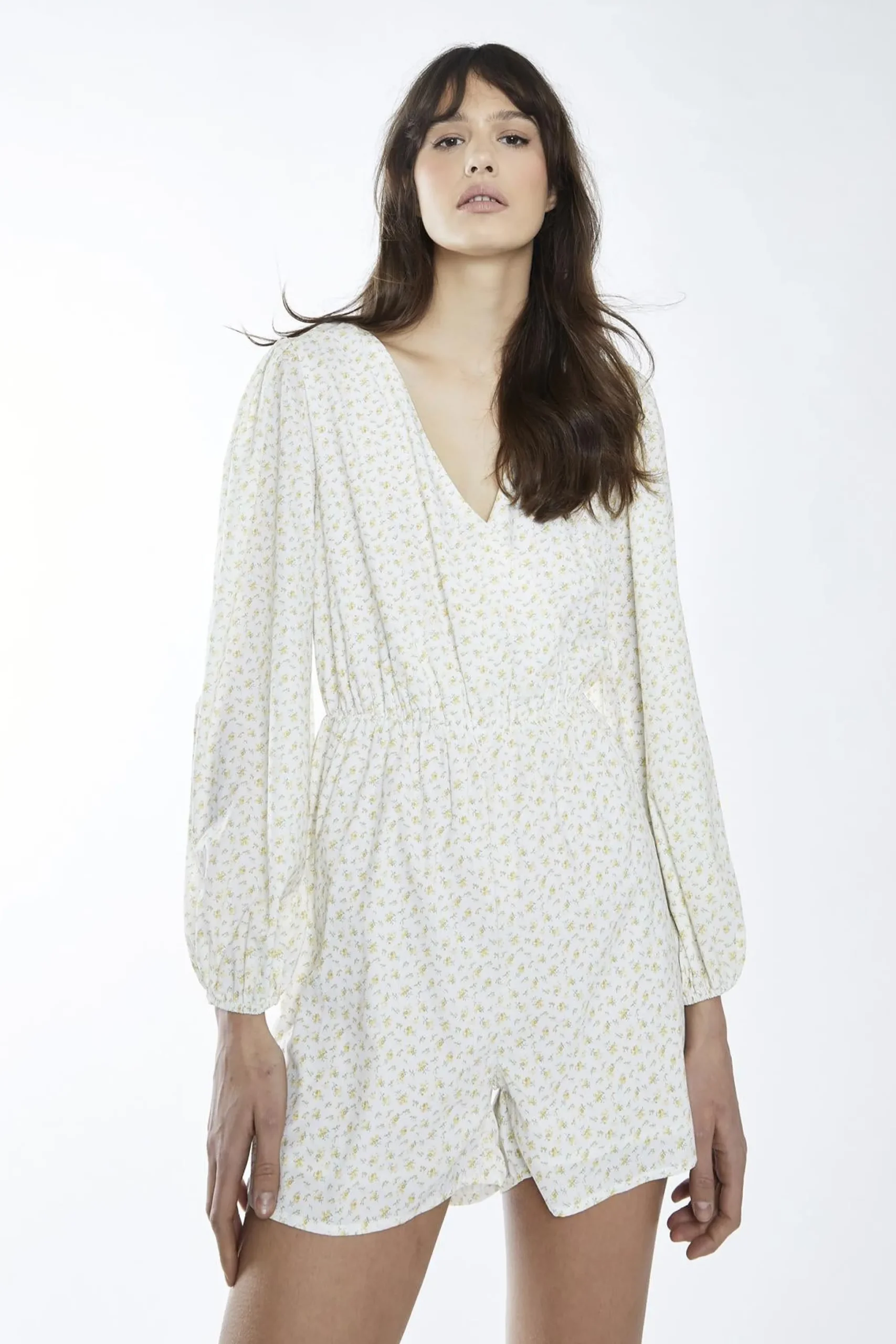 Glamorous Playsuits|White-Yellow Mini Ditsy Cinched-Waist Long Sleeve-Playsuit -