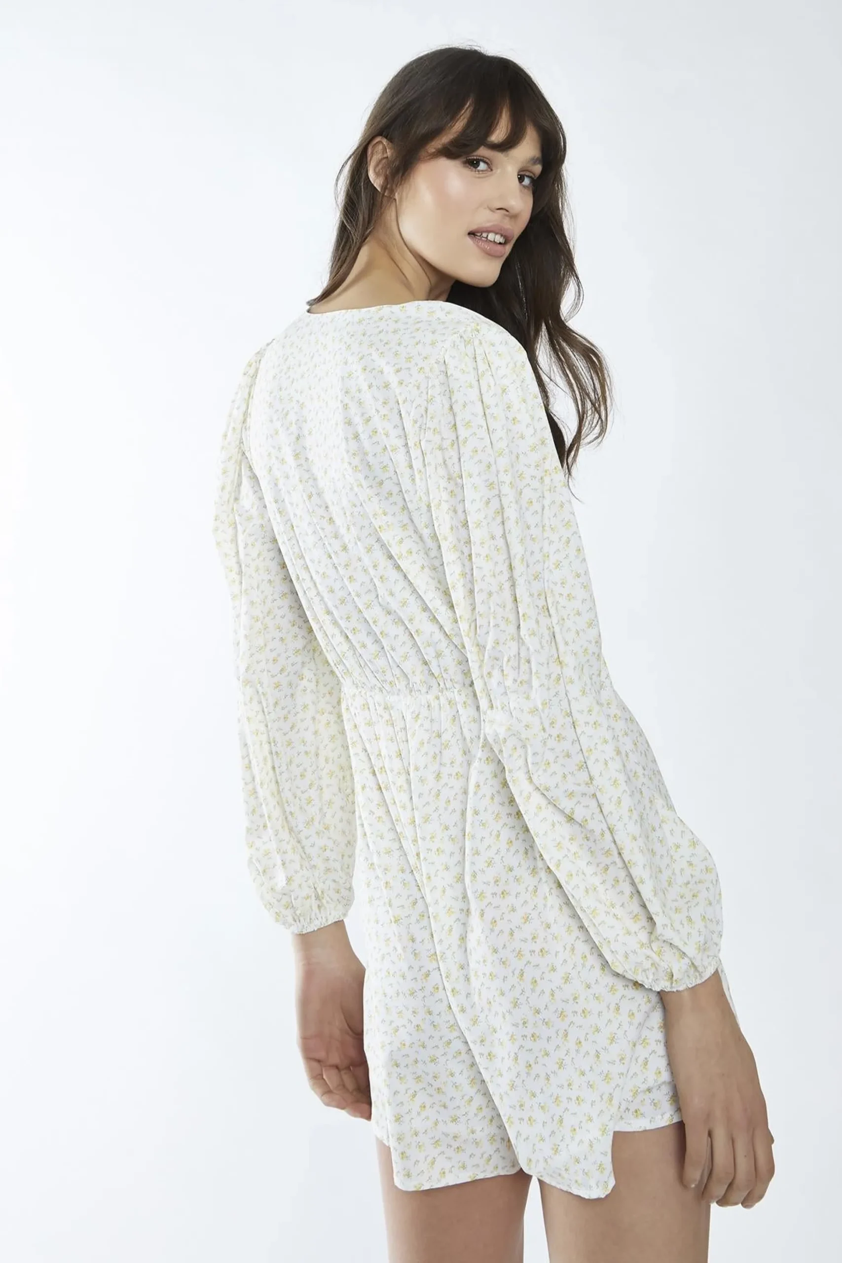 Glamorous Playsuits|White-Yellow Mini Ditsy Cinched-Waist Long Sleeve-Playsuit -