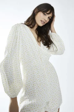 Glamorous Playsuits|White-Yellow Mini Ditsy Cinched-Waist Long Sleeve-Playsuit -