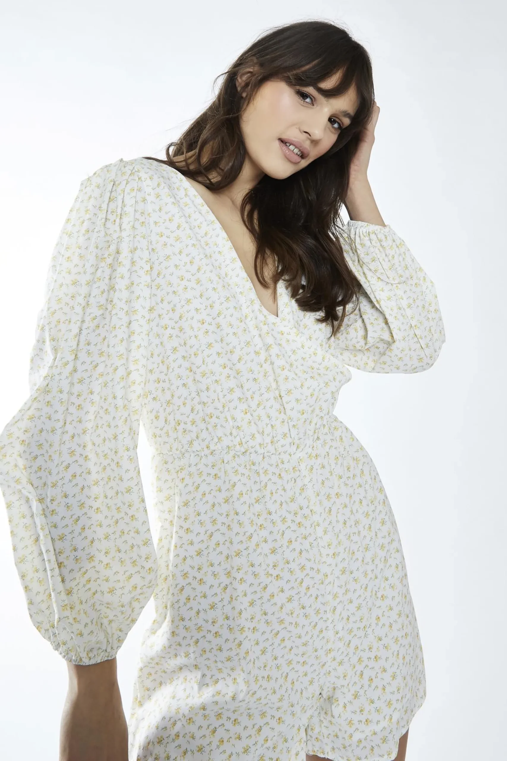 Glamorous Playsuits|White-Yellow Mini Ditsy Cinched-Waist Long Sleeve-Playsuit -