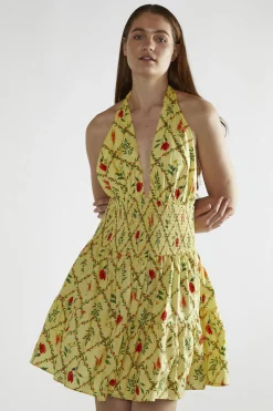 Glamorous Day Dresses|Mini Dresses|Yellow Floral-Lattice Halter-Neck Mini-Dress -