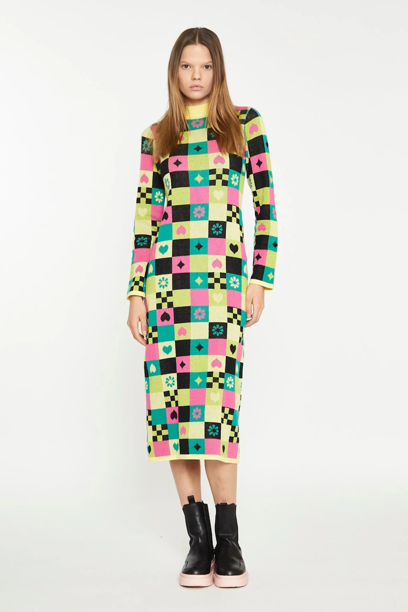 Glamorous Best Dressed Guest|Day Dresses|Yellow Green Multi Tile Knitted Midi Dress -