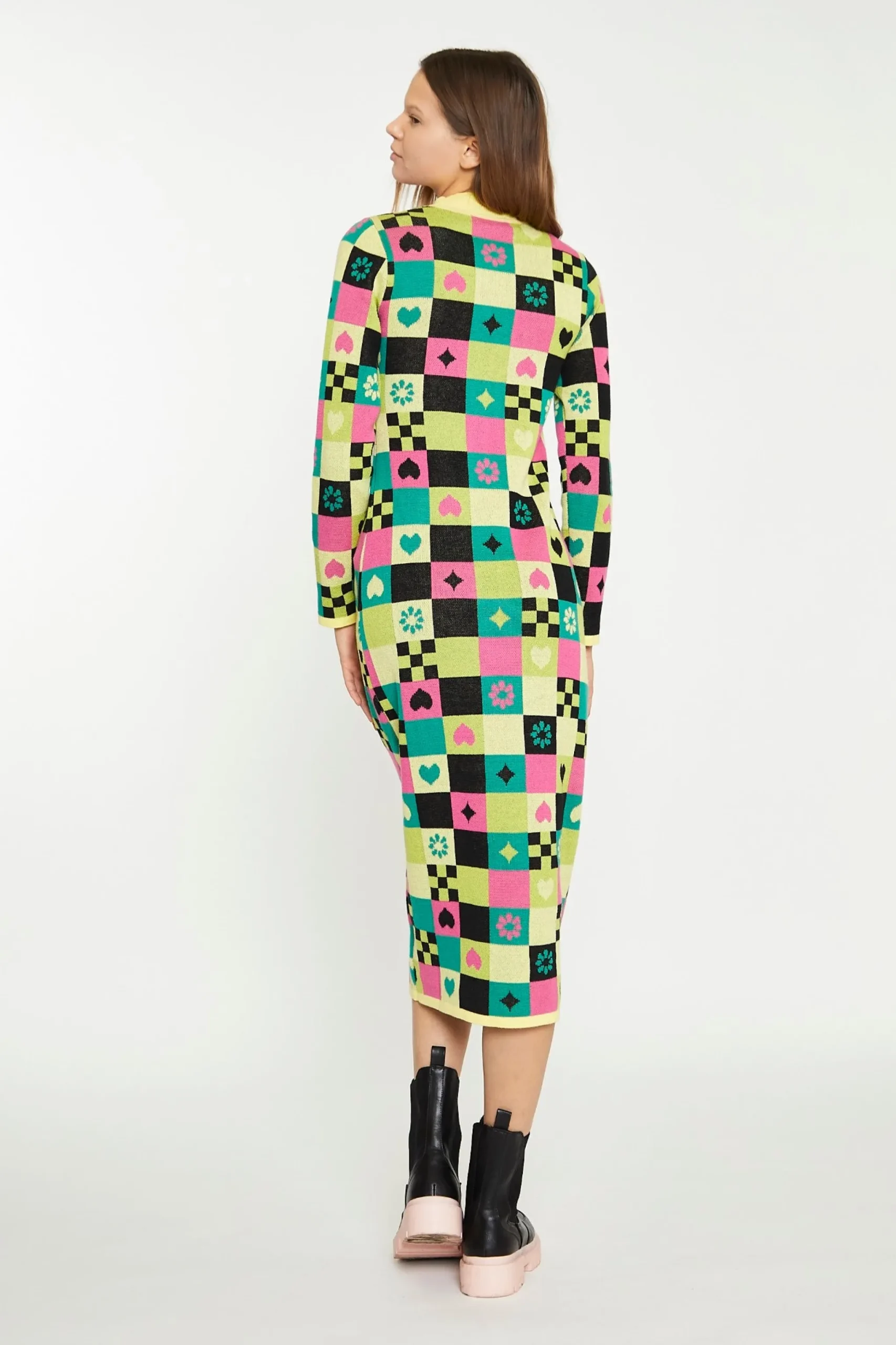 Glamorous Best Dressed Guest|Day Dresses|Yellow Green Multi Tile Knitted Midi Dress -