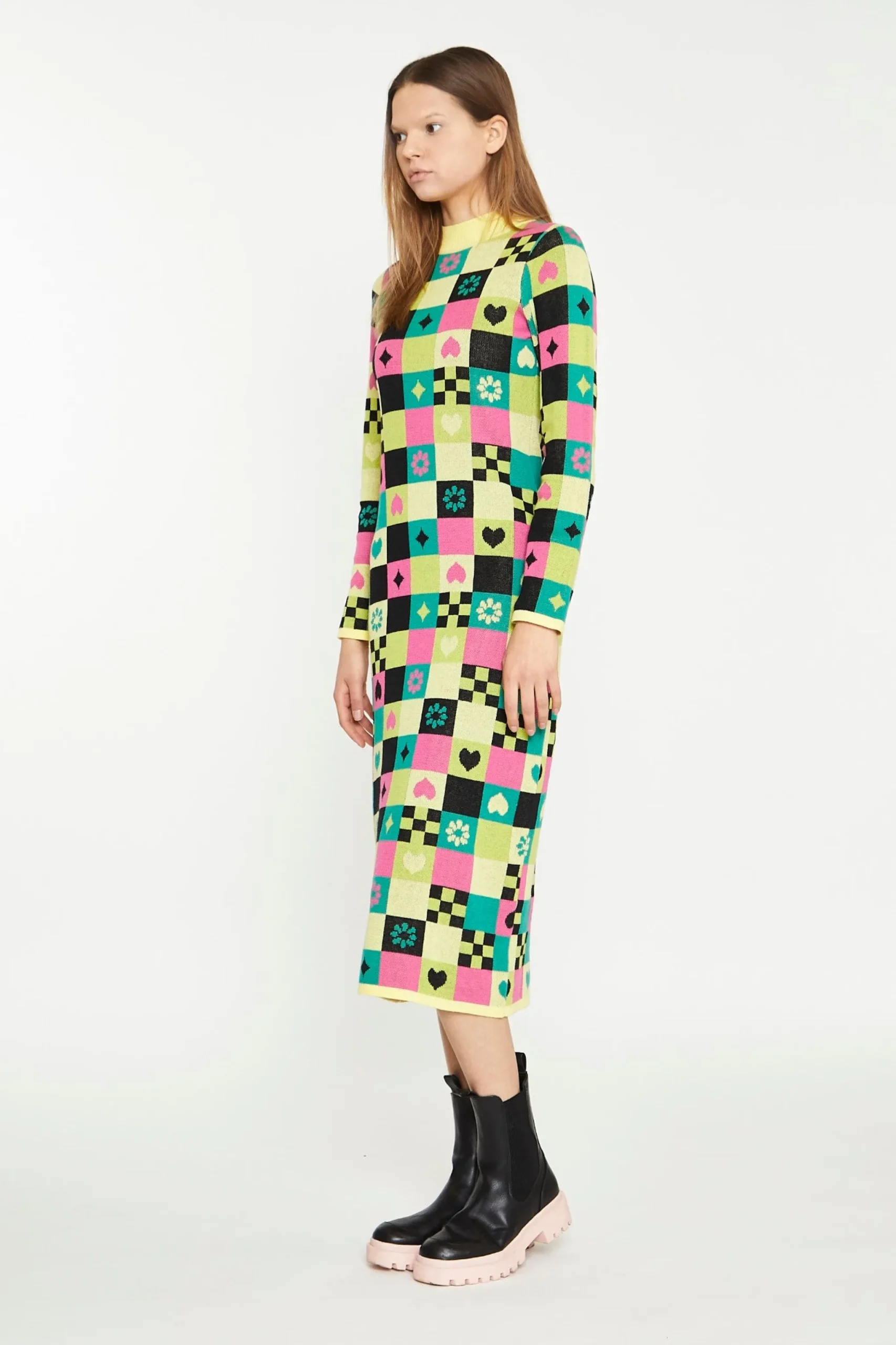 Glamorous Best Dressed Guest|Day Dresses|Yellow Green Multi Tile Knitted Midi Dress -