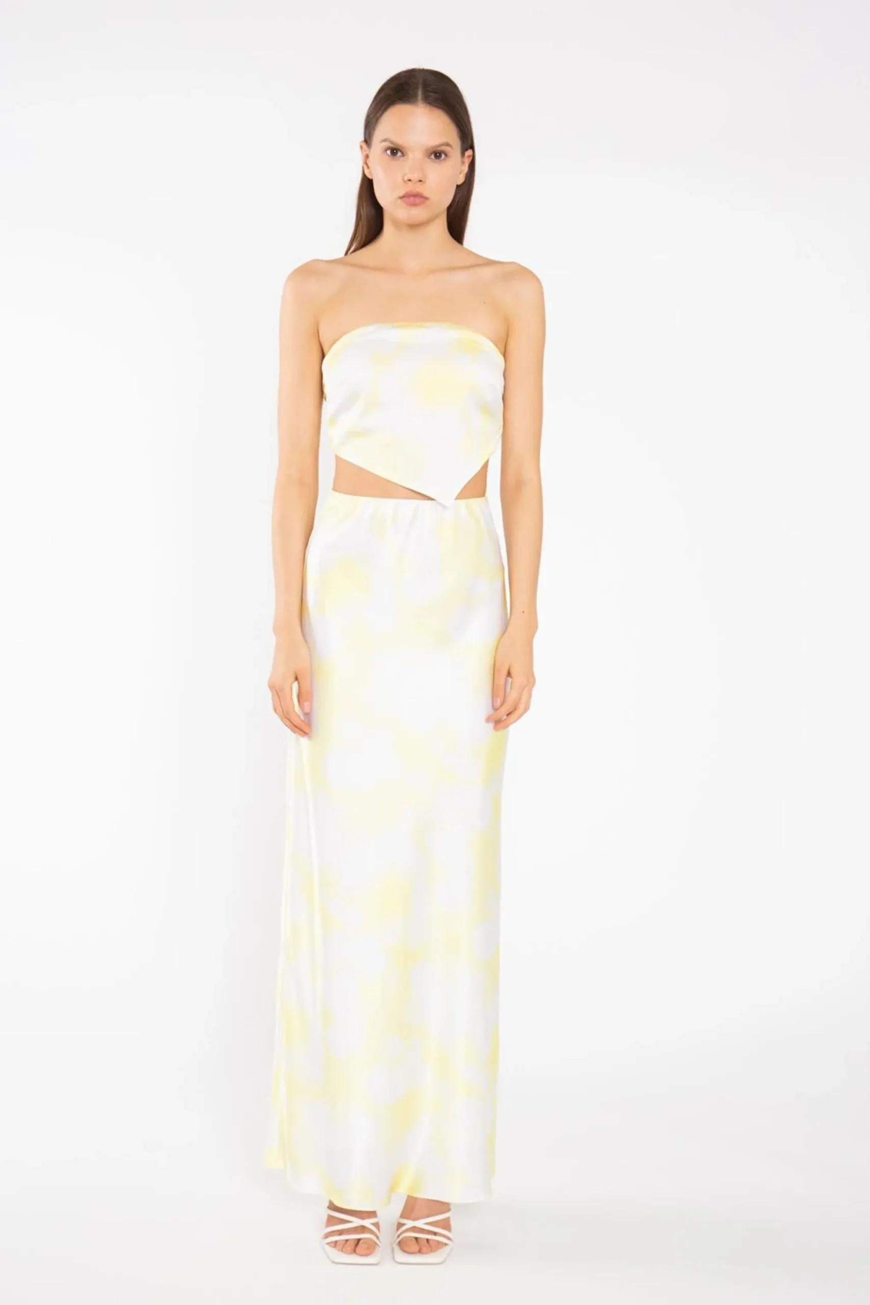 Glamorous Graduation|Co-ords|Yellow Print-Satin Bias-Cut Maxi-Skirt -