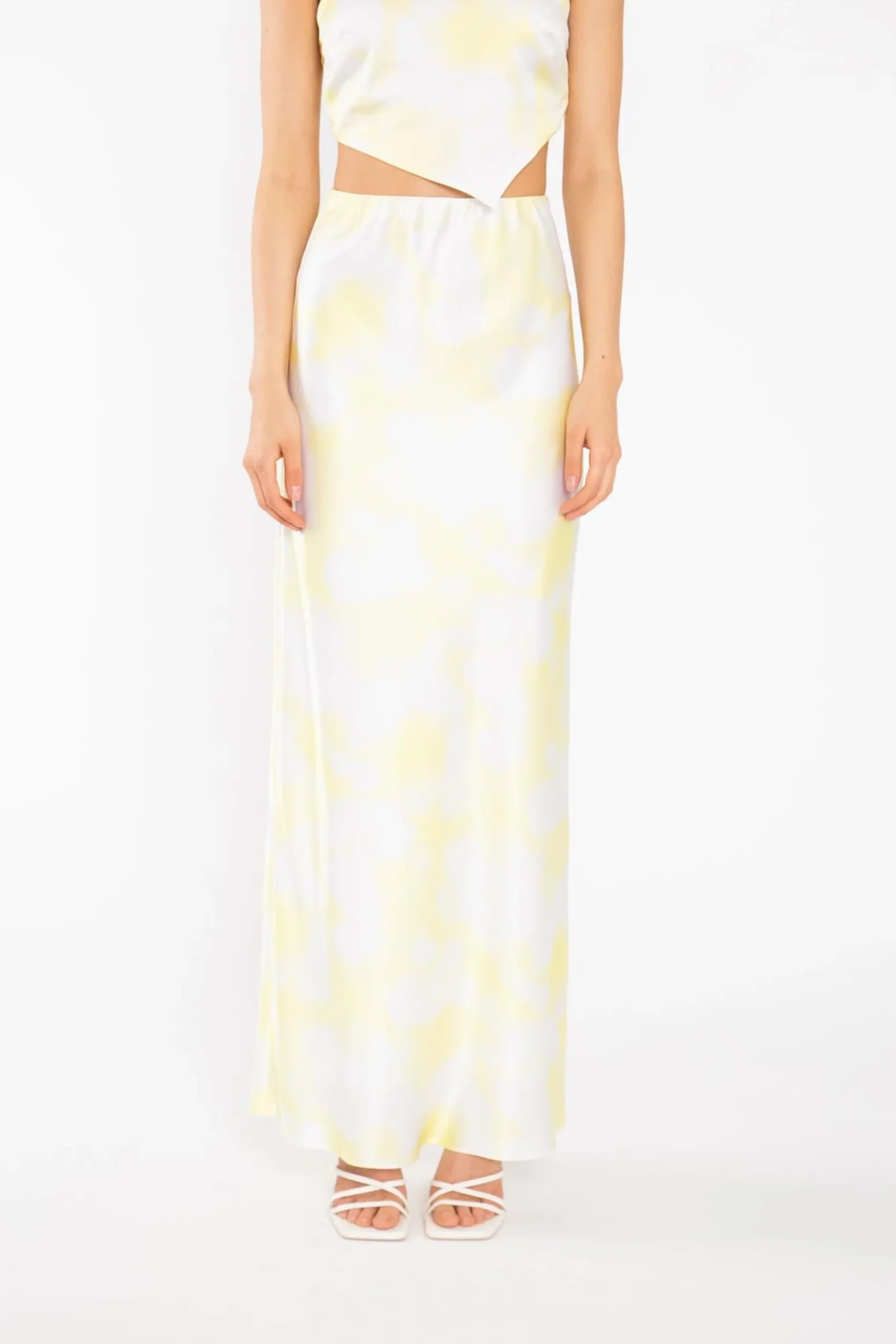 Glamorous Graduation|Co-ords|Yellow Print-Satin Bias-Cut Maxi-Skirt -