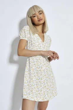 Glamorous Day Dresses|Mini Dresses|Yellow-Peach Ditsy V-Neck Mini-Dress -